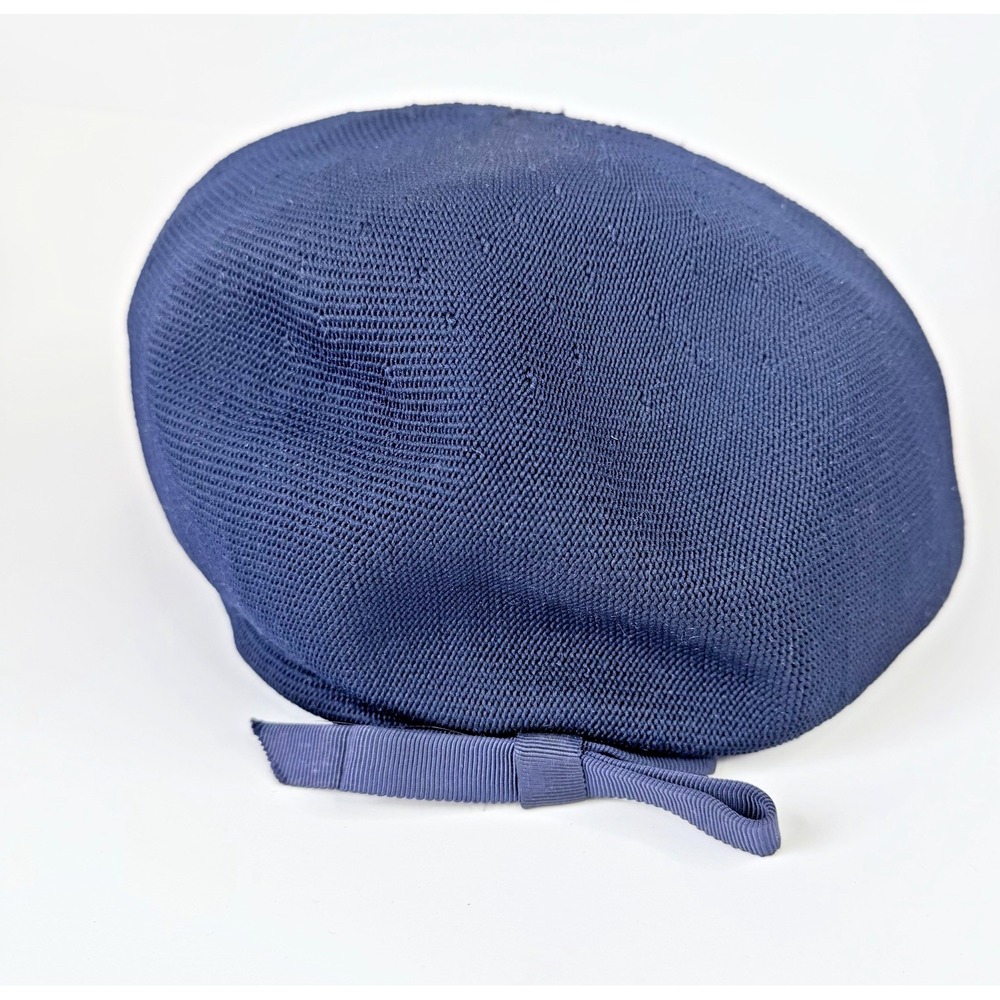 Vtg KANGOL Design Womens Hat Beret Navy Blue Bow Stay Put Clips Made in England
